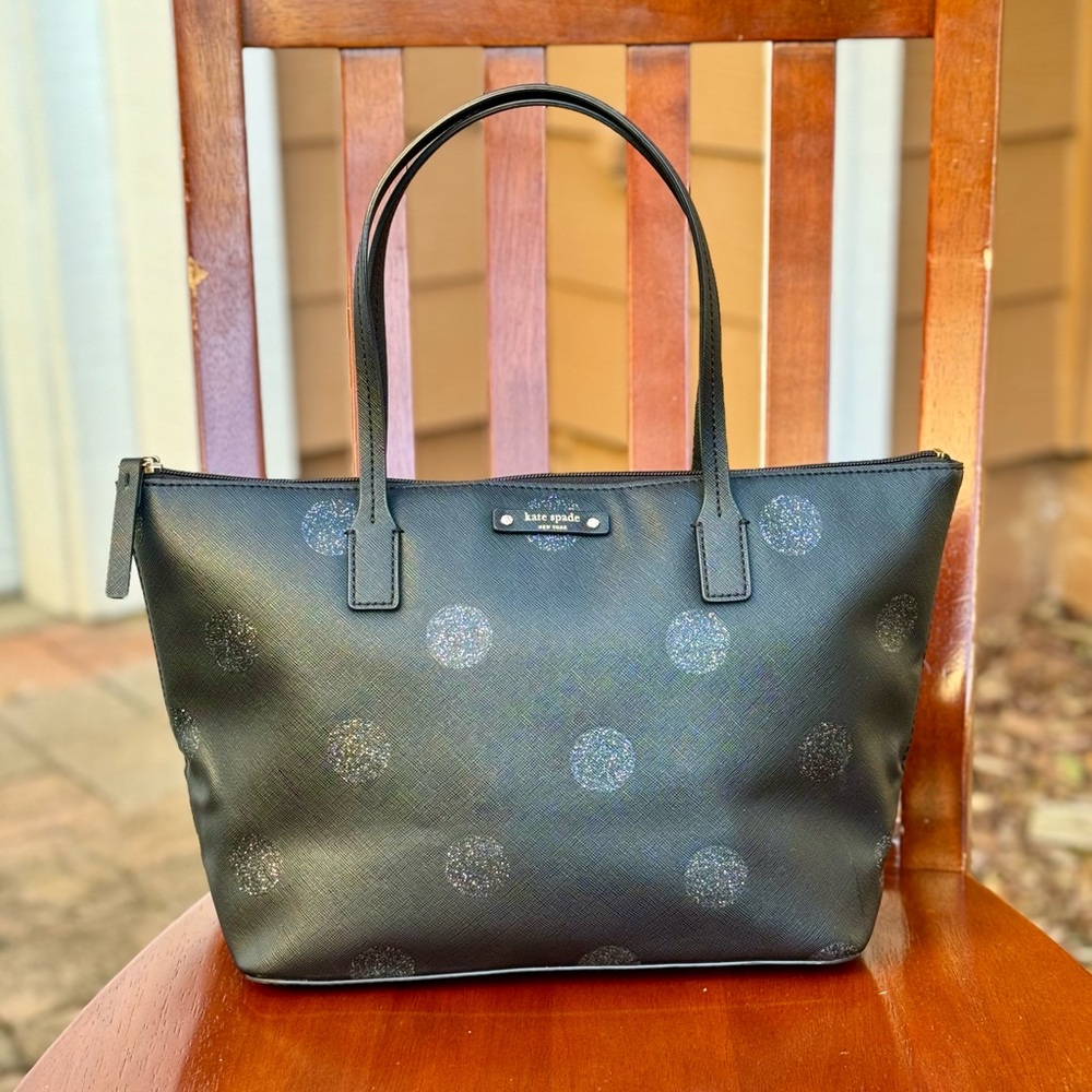 Kate Spade Black Glitter Polka Dot Small Tote Bag